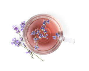 Fresh delicious tea with lavender and beautiful flowers isolated on white, top view