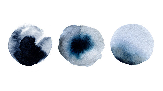 Set of blue, grey, indigo watercolor painted circle on white background. Abstract circle blots.