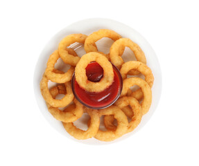 Delicious golden onion rings with ketchup isolated on white, top view