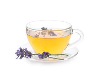 Fresh delicious tea with lavender and beautiful flowers isolated on white