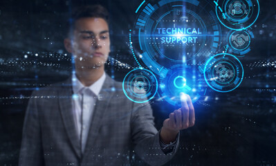 Business, Technology, Internet and network concept. Young businessman working on a virtual screen of the future and sees the inscription: Technical support