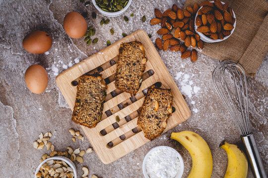 Healthy gluten free banana bread with seeds and nuts
