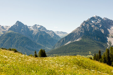 Ftan, Tarasp, Unterengadin, Bergdorf, Schloss, Fontana, Vulpera, Kirche, Wanderweg, Alpen, Engadin, Innschlucht, Inn, Fluss, Graub&uuml;nden, Sommer, Schweiz