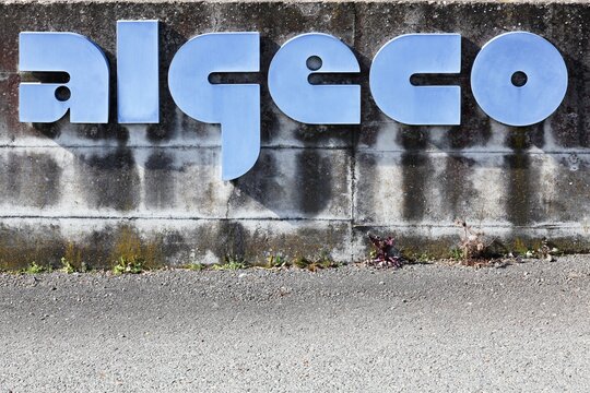Charnay, France - March 15, 2020: Algeco logo on a wall. Algeco is a manufacturer of modular buildings used temporarily or permanently