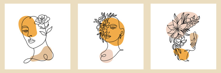 Abstract set with Woman face, silhouette, floral elements one line drawing. Vector cards in minimalistic style. Continuous line. Modern Design concept.