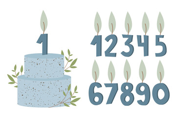 Number shaped candles. Birthday cake with leaves for boy. Set of burning numbers. Vector flat illustration. Perfect for invitation, postcard, poster, print