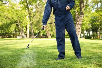 Worker spraying pesticide onto green lawn outdoors, closeup. Pest control - Powered by Adobe