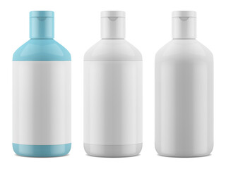 Realistic packaging for cosmetics. Shampoo, shower gel glossy bottle mockup. Vector EPS 10