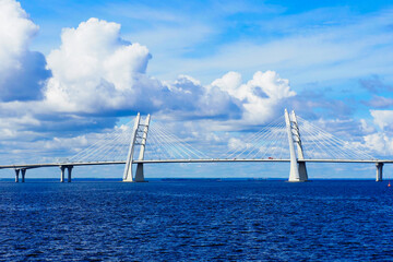 Cable stayed pylon bridge over the Ship fairway. Road bridge on the highway of the Western high...