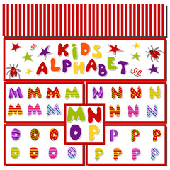 Set of colorful letters of the English alphabet.M,N,O,P.Vector illustration in cartoon style. For school projects, comics, scrapbooking,cards, invitations.