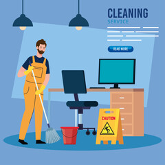 cleaning service banner, man worker of cleaning service in the office vector illustration design