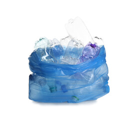 Blue bag with used bottles isolated on white. Plastic recycling