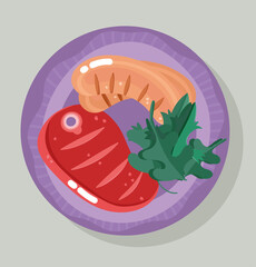 food dinner in dish, menu fresh beef steak and sausage