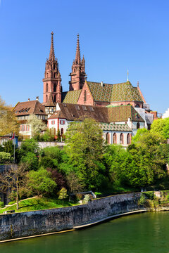 View of the  old part of the city of Basel and the Basel Minster Cathedral. Switzerland