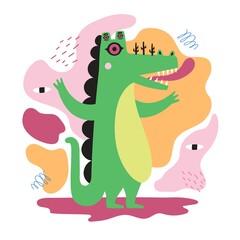Vector illustration with abstract green crocodile monster with many eyes and pink tongue. Funny flat style print design with animal