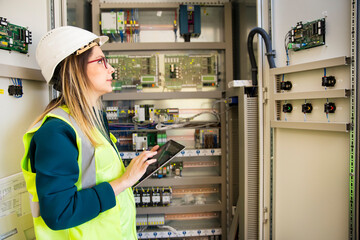 Young businesswoman standing in front of the control panel in the control room