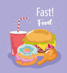 fast food burger donuts chicken and soda menu restaurant unhealthy, poster hand drawn lettering
