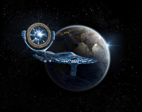 Spaceship with a power wheel near Earth