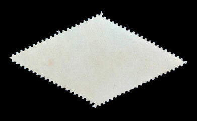 A Blank white rhombus stamp shape in black Background. An opposite surface of a postage stamp.