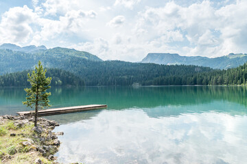 Wooden pier and coniferous trees on Black lake shore