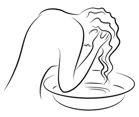 The girl washes her hair in a bowl. The lady is slim and beautiful. Vector illustration.
