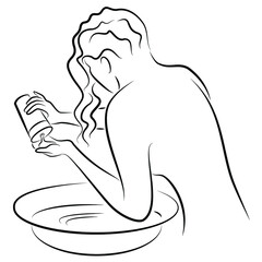 The girl washes her hair in a bowl with shampoo from a bottle. The lady is slim and beautiful. Vector illustration.