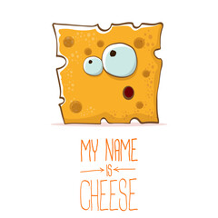 vector funny cartoon cute orange cheese character isolated on white background. My name is cheese. food funky character
