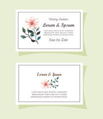 greeting cards with flowers, wedding invitations with flowers with branches and leaves decoration vector illustration design