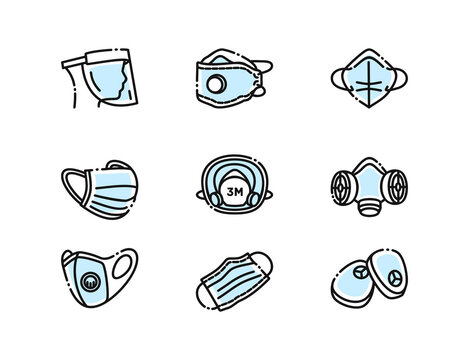 Face protection, medical masks, respirators, filters for a respirator, face in a mask, doctor mask, set icons, outline icons, covid protection, coronavirus protection, virus protection