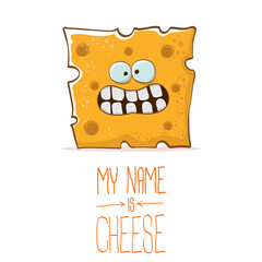 vector funny cartoon cute orange cheese character isolated on white background. My name is cheese. food funky character