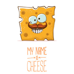 vector funny cartoon cute orange cheese character isolated on white background. My name is cheese. food funky character