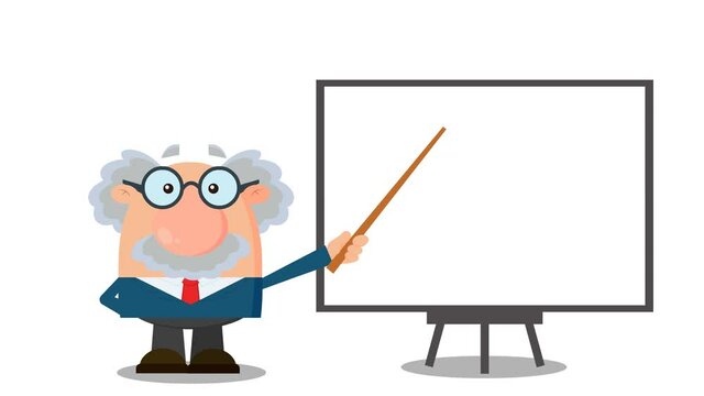 Professor Or Scientist Cartoon Character With Pointer Presenting On A Board. 4K Animation Video Motion Graphics Without Background