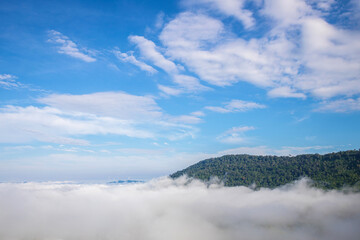 Fototapeta na wymiar Morning mist and mountain. Morning fog in the mountain. View nature mountain sky and fog.