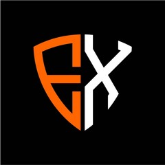 E X initials white orange shield with black background