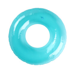 Blue inflatable ring isolated on white, top view. Beach accessory
