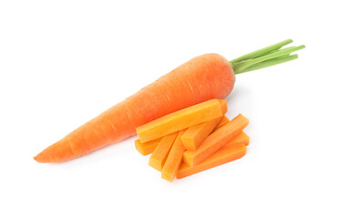 Whole and cut ripe carrots isolated on white