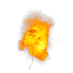 Extremely hot fiery explosion with sparks and smoke, against white background. Bomb detonation. Textured photo of fire and sparks
