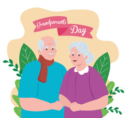 happy grand parents day with cute older couple and leaves decoration vector illustration design