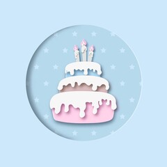 Birthday or wedding cake with white cream and burning candles. Greeting card in paper cut out style. Carving art. Vector illustration, pastel colours