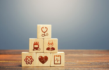 Block pyramid with medical icons symbols. Supplies, equipment and specialists for the normal...