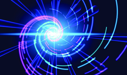 Abstract futuristic background with bright flashes, rays and neon spirals. EPS10