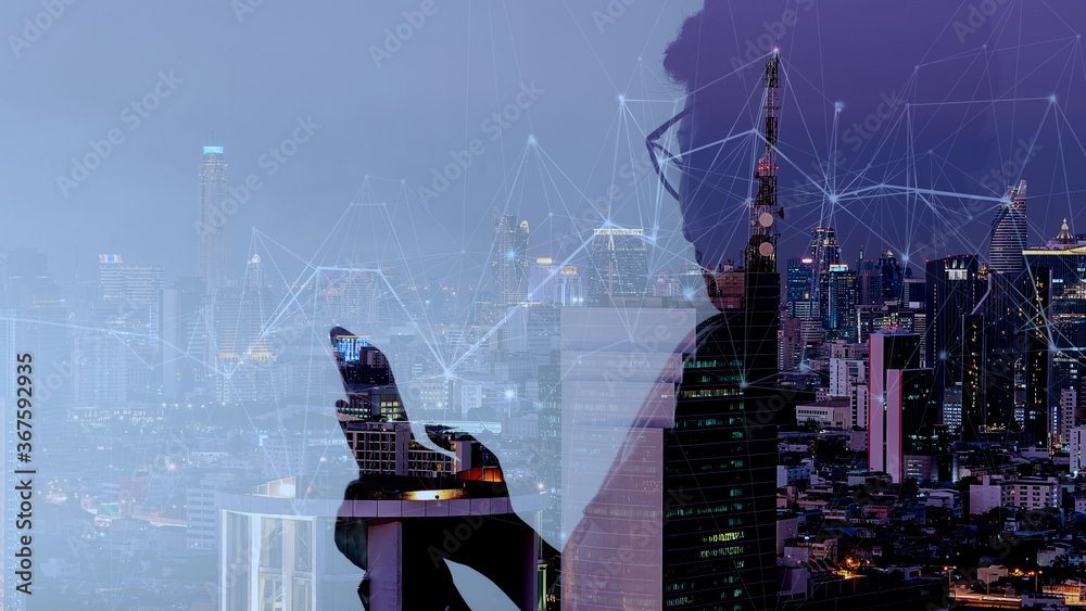Poster double exposure of asian woman using smart phone and telecommunication tower with 5g cellular networ