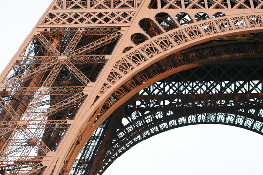 Detail of the iron structure of the Eiffel Tower in Paris, France.