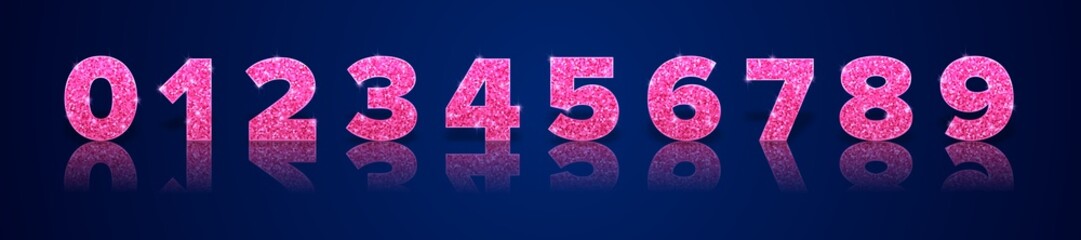 Pink glitter numbers with reflection and shadow in royal style isolated on blue background. Holiday decoration. Vector