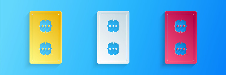 Paper cut Electrical outlet icon isolated on blue background. Power socket. Rosette symbol. Paper art style. Vector.