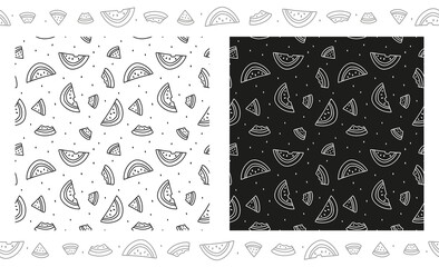 Slice of watermelon seamless pattern. Illustration in black and white. Coloring page, paper book. Two options in black and white and a grey border of watermelon pieces. Stock vector illustration