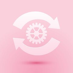 Paper cut Gear and arrows as workflow concept icon isolated on pink background. Gear reload sign. Paper art style. Vector.