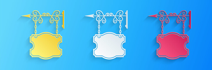 Paper cut Vintage street signboard hanging on forged brackets icon isolated on blue background. Suitable for advertisements bar, cafe, pub, restaurant. Paper art style. Vector.