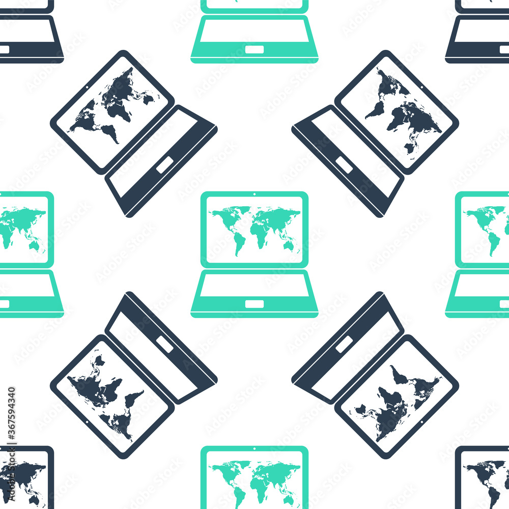 Fototapete Green Laptop with world map on screen icon isolated seamless pattern on white background. World map geography symbol. Vector.