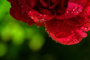 Red rose or peony with water droplets. Shallow depth of field with garden reflections in water drops